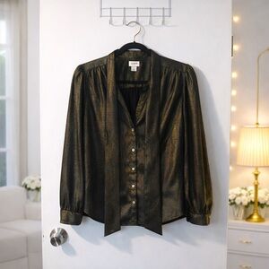 ✨ J.Crew Shimmer Bow Blouse | Elegant Long Sleeve Metallic Top Size S